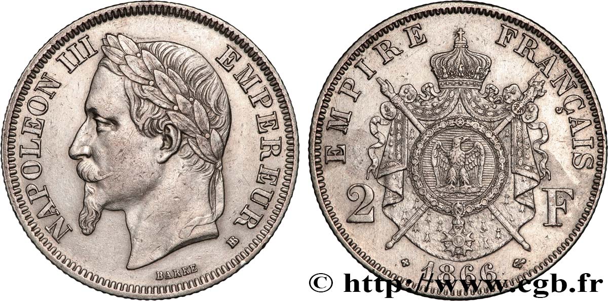 2 francs Napoléon III, tête laurée  1866 Strasbourg F.263/3 XF 