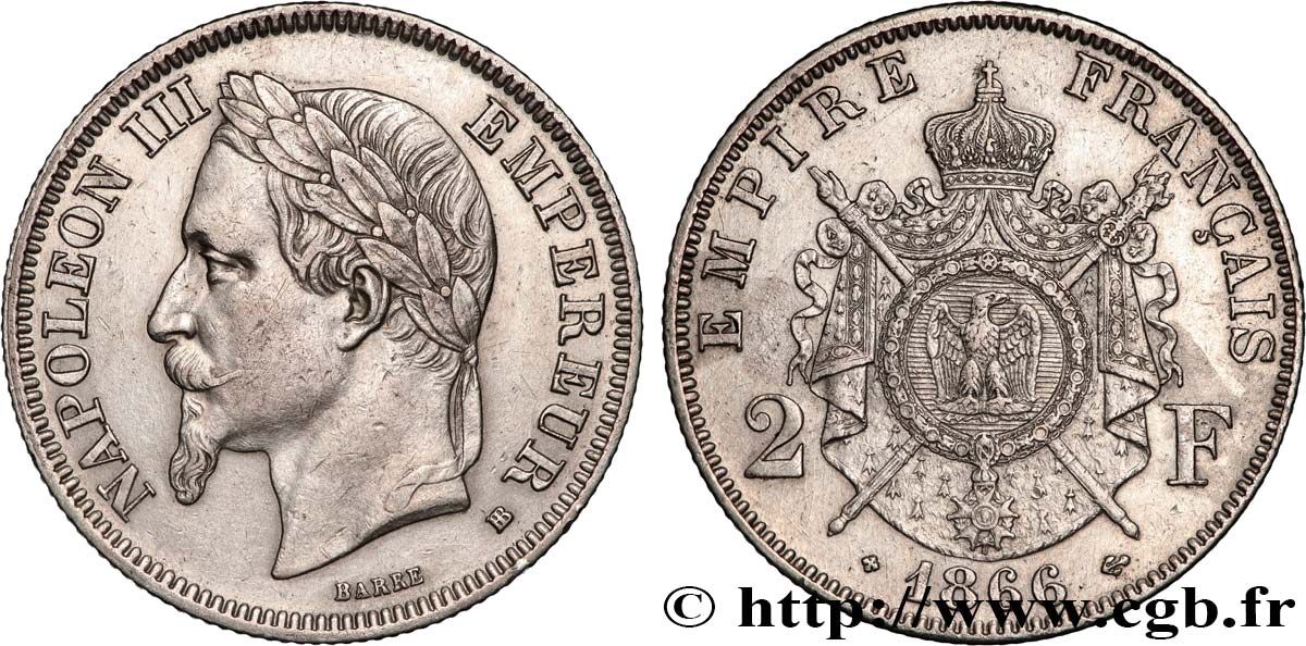 2 francs Napoléon III, tête laurée  1866 Strasbourg F.263/3 SS 