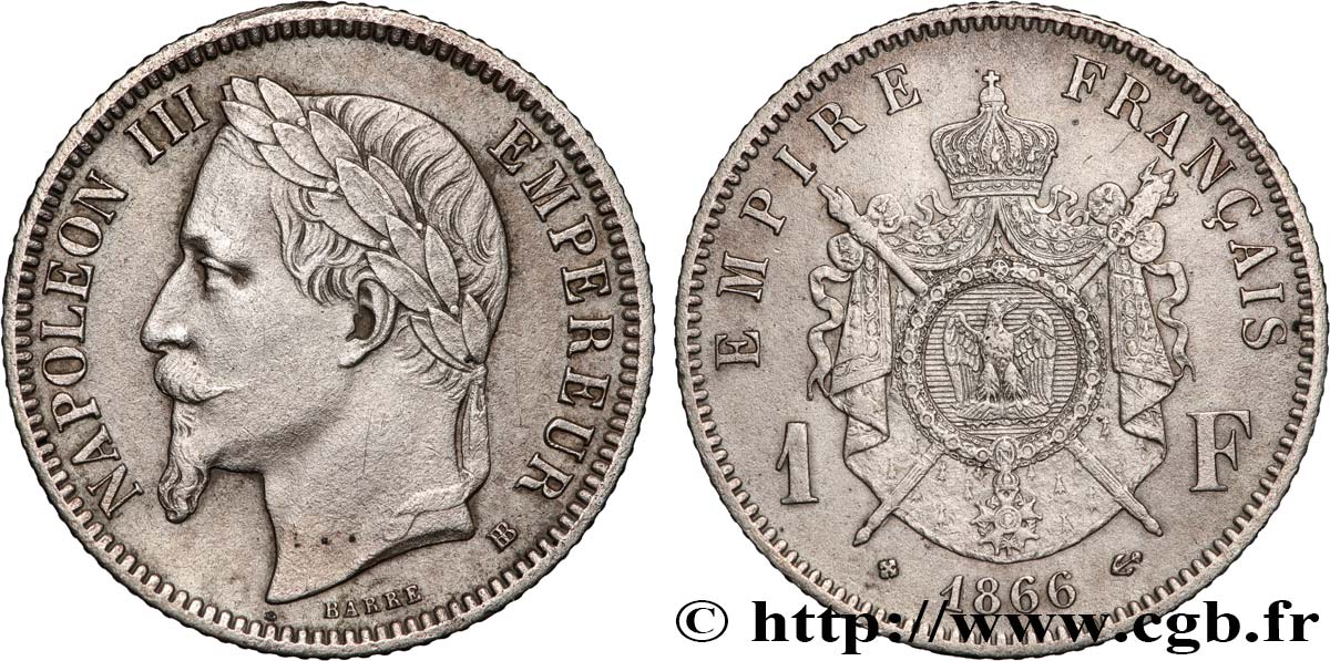 1 franc Napoléon III, tête laurée 1866 Strasbourg F.215/4 MBC+ 