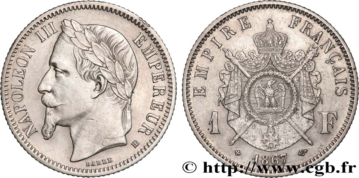 1 franc Napoléon III, tête laurée 1867 Strasbourg F.215/7 SUP 