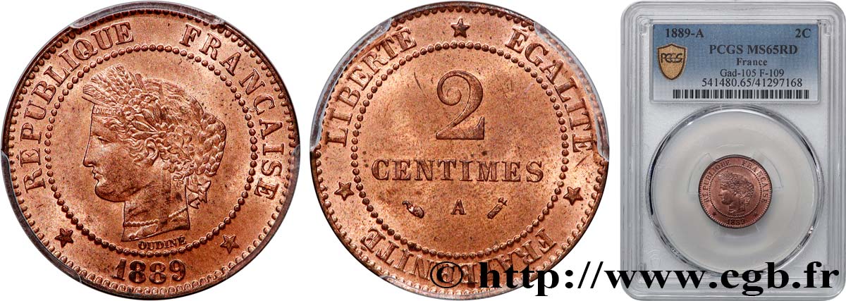2 centimes Cérès 1889 Paris F.109/15 MS65 PCGS