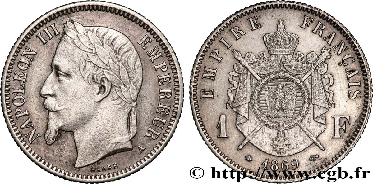 1 franc Napoléon III, tête laurée 1869 Paris F.215/14 MBC 