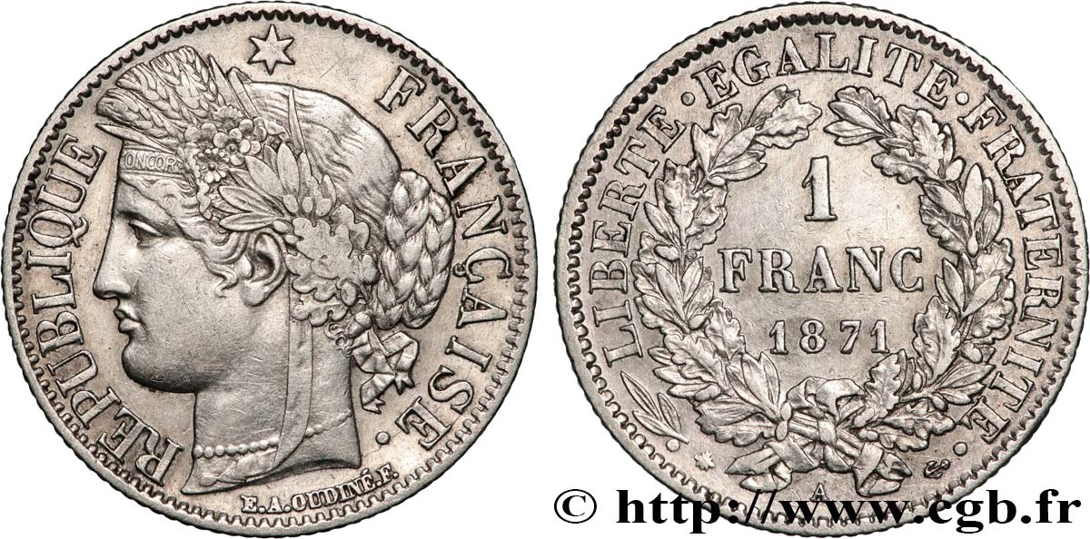 1 franc Cérès, Troisième République, petit A 1871 Paris F.216/2 XF 