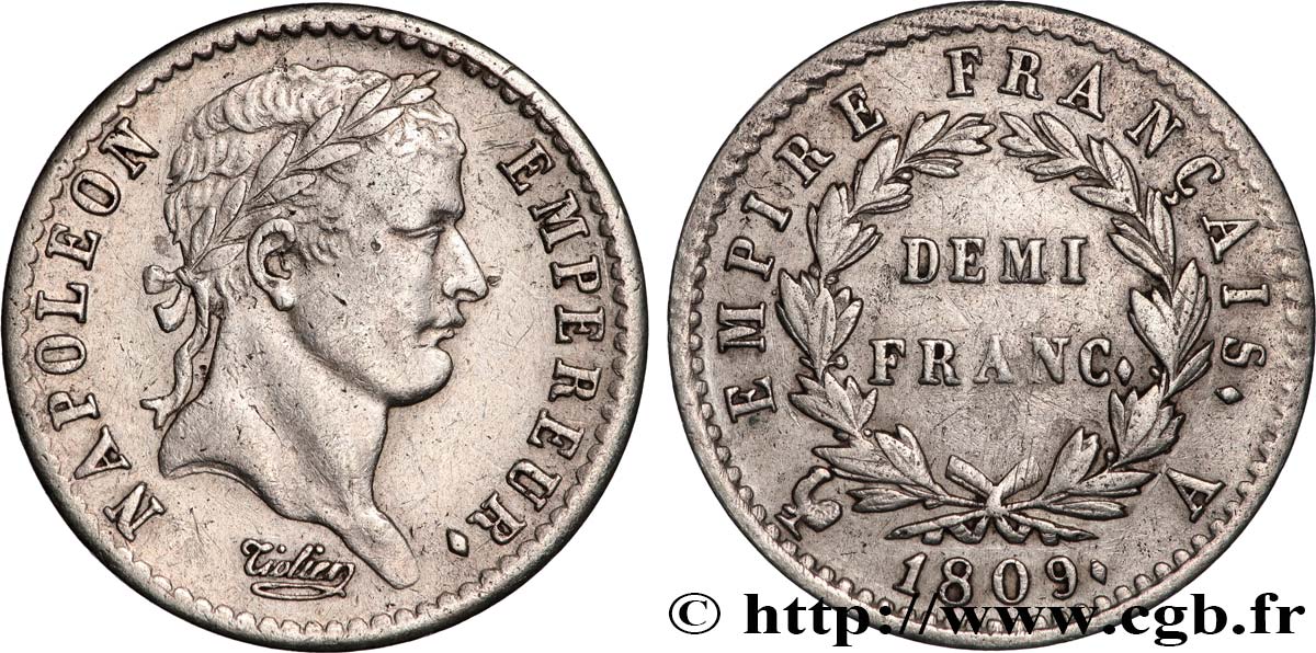 Demi-franc Napoléon Ier tête laurée, Empire français 1809 Paris F.178/1 XF 