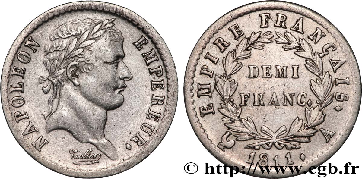 Demi-franc Napoléon Ier tête laurée, Empire français 1811 Paris F.178/21 XF 