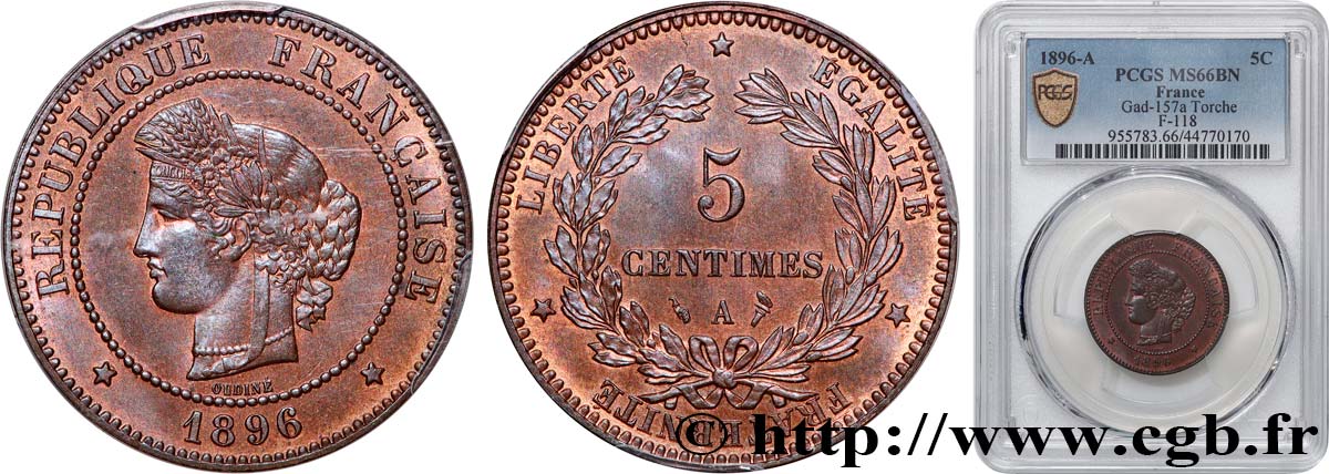 5 centimes Cérès 1896 Paris F.118/38 ST66 PCGS