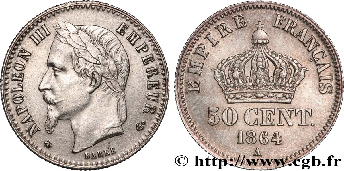 50 centimes Napoléon III, tête laurée 1864 Paris F.188/2 SUP 