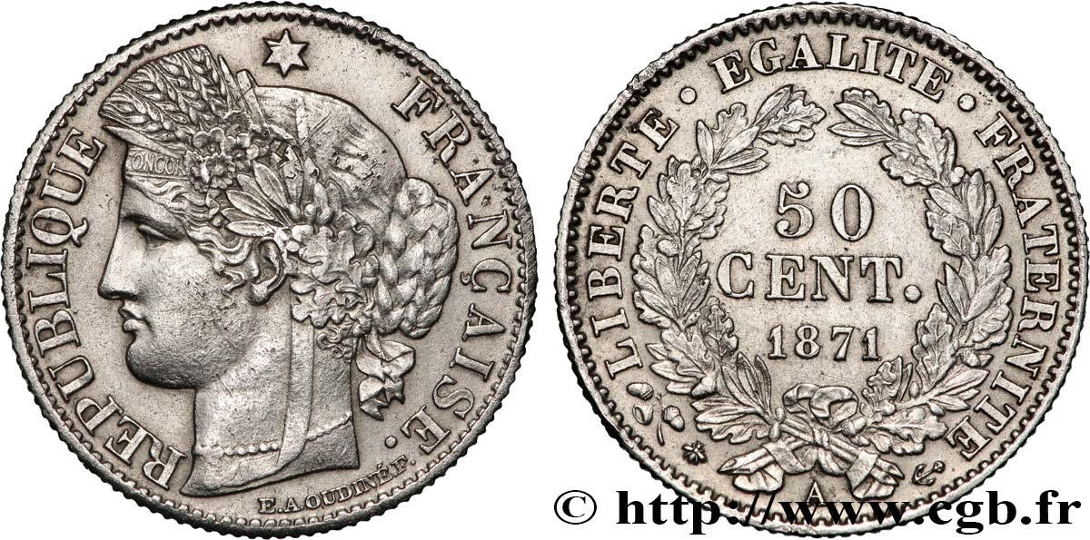 50 centimes Cérès, Troisième République 1871 Paris F.189/1 MBC 