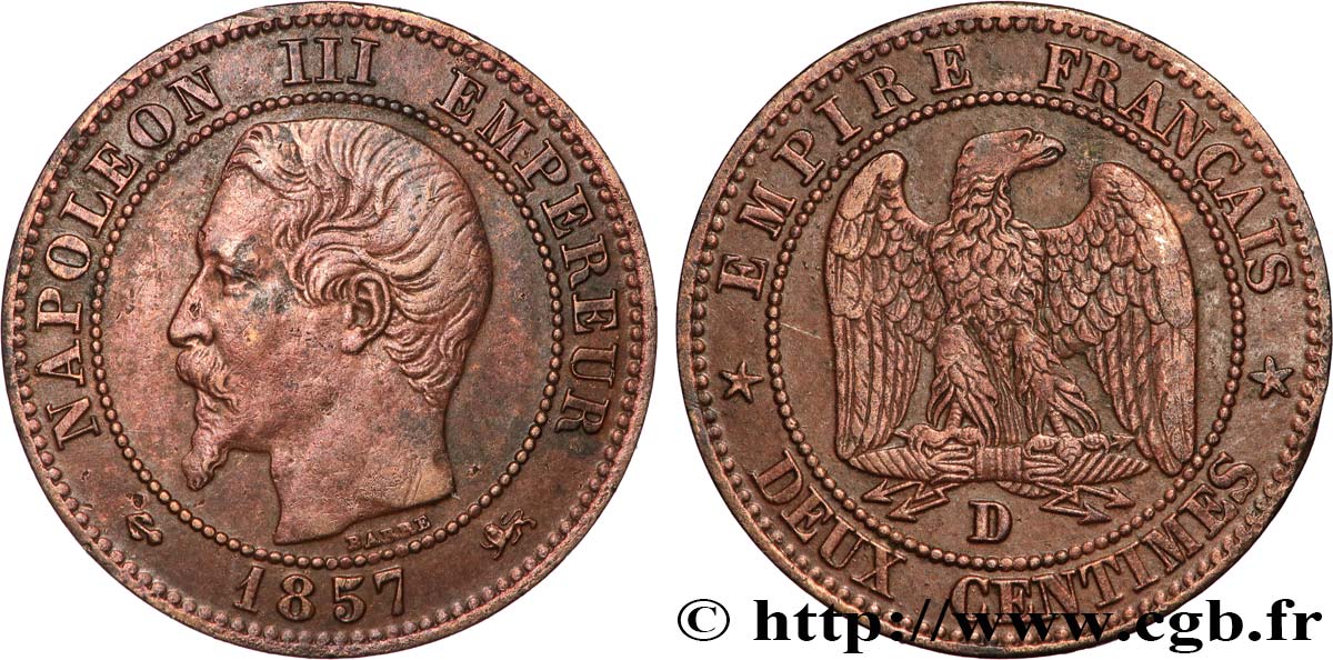 Deux centimes Napoléon III, tête nue 1857 Lyon F.107/46 TTB 