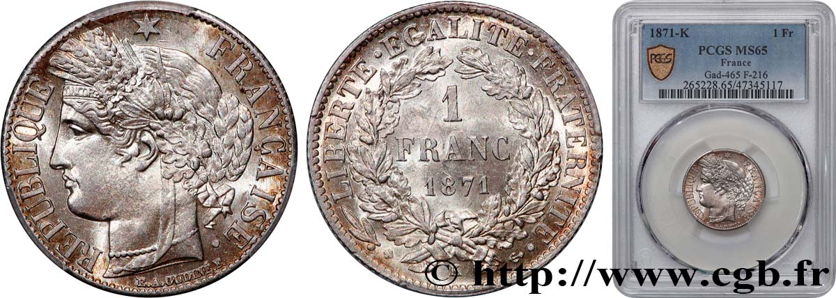 1 franc Cérès, IIIe République 1871 Bordeaux F.216/3 MS65 PCGS