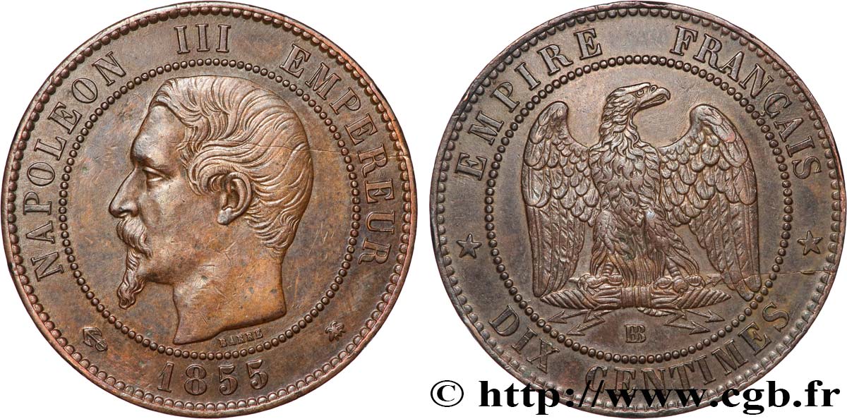 Dix centimes Napoléon III, tête nue, différent ancre 1855 Strasbourg F.133/24 AU 