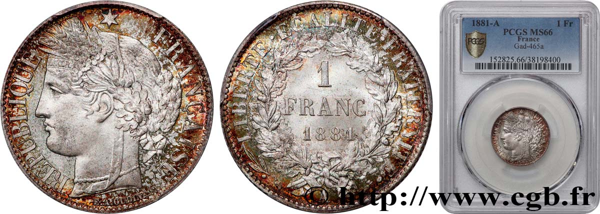 1 franc Cérès, Troisième République 1881 Paris F.216/8 MS66 PCGS