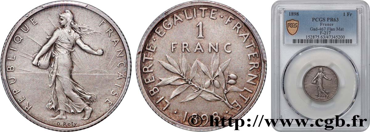 1 franc Semeuse, flan mat, vieil argent 1898 Paris F.217/2 fST63 PCGS