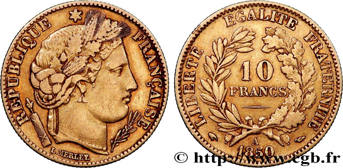 10 francs or Cérès, IIe République 1850 Paris F.504/2 VF 