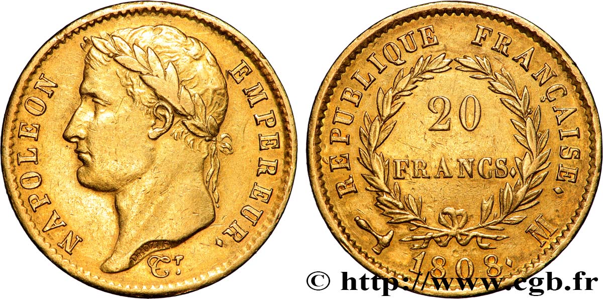 20 francs or Napoléon tête laurée, République française 1808 Toulouse F.515/4 MBC+ 