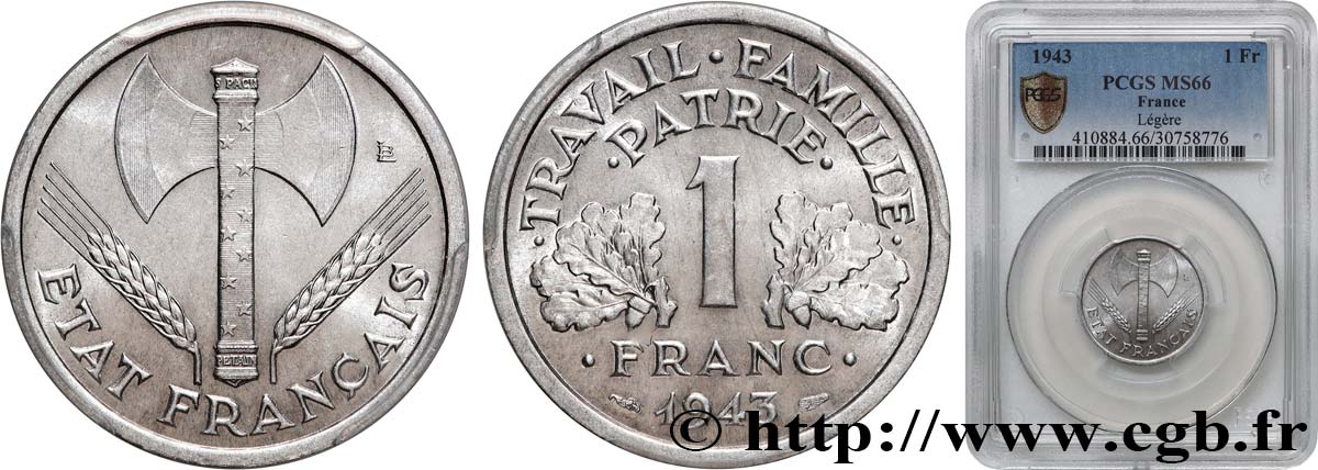 1 franc Francisque, légère 1943  F.223/3 FDC66 PCGS