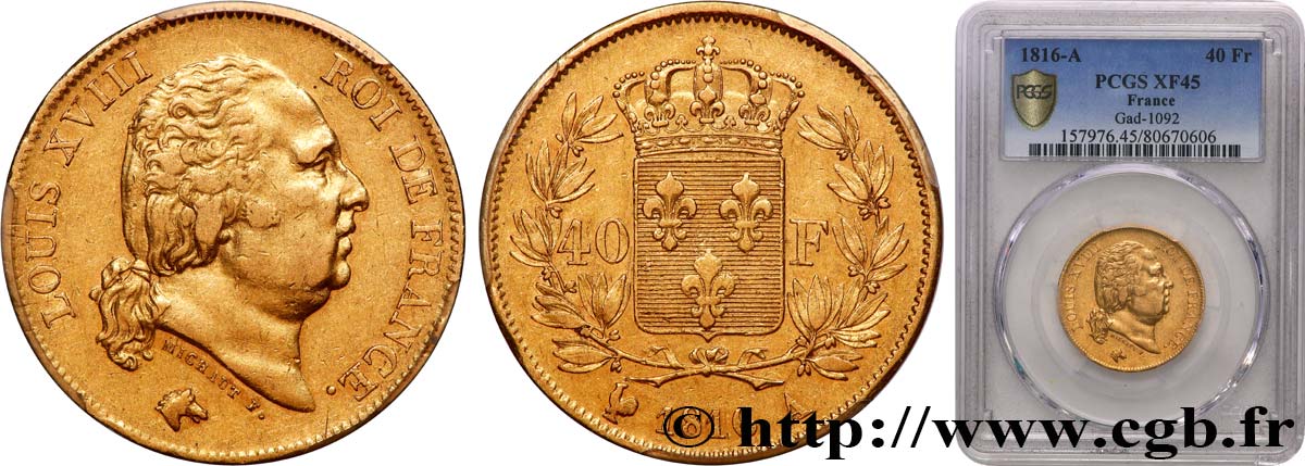 40 francs or Louis XVIII 1816 Paris F.542/1 SS45 PCGS