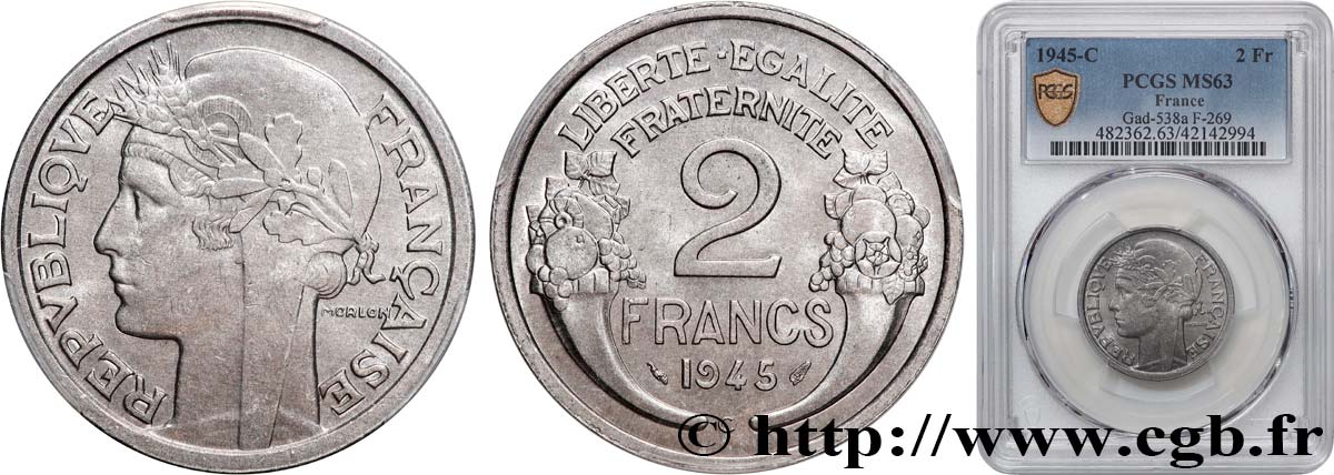 2 francs Morlon, aluminium 1945 Castelsarrasin F.269/7 fST63 PCGS