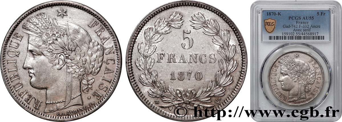 5 francs Cérès, sans légende 1870 Bordeaux F.332/2 EBC55 PCGS