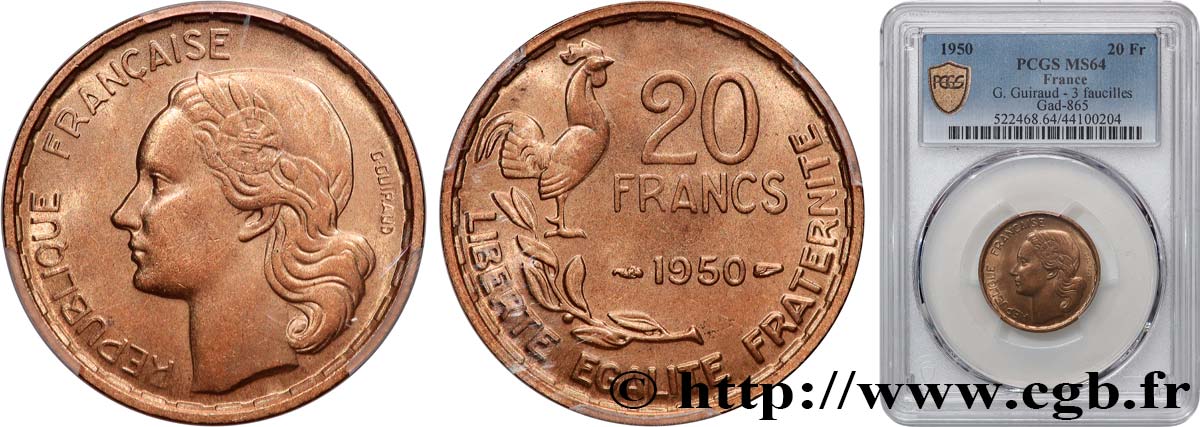 20 francs G. Guiraud, 3 faucilles 1950  F.402/2 fST64 PCGS