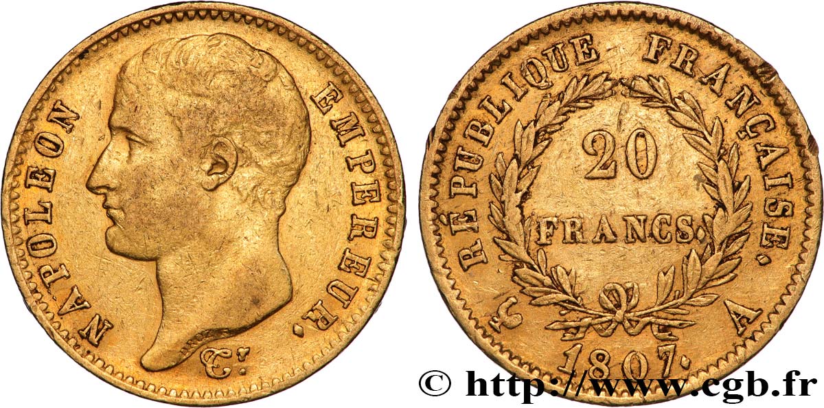 20 francs Napoléon tête nue, type transitoire 1807 Paris F.514/1 TB+ 