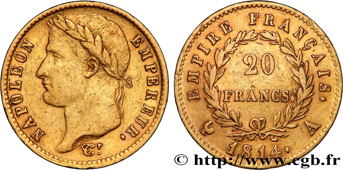 20 francs or Napoléon tête laurée, Empire français 1814 Paris F.516/39 MBC 