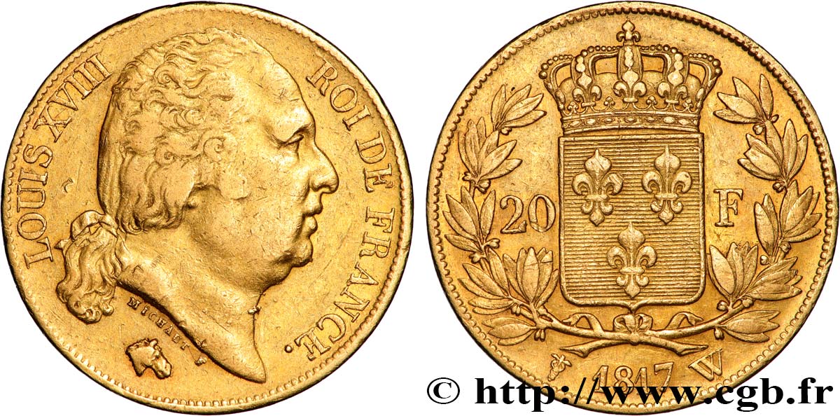 20 francs or Louis XVIII, tête nue 1817 Lille F.519/9 MBC 