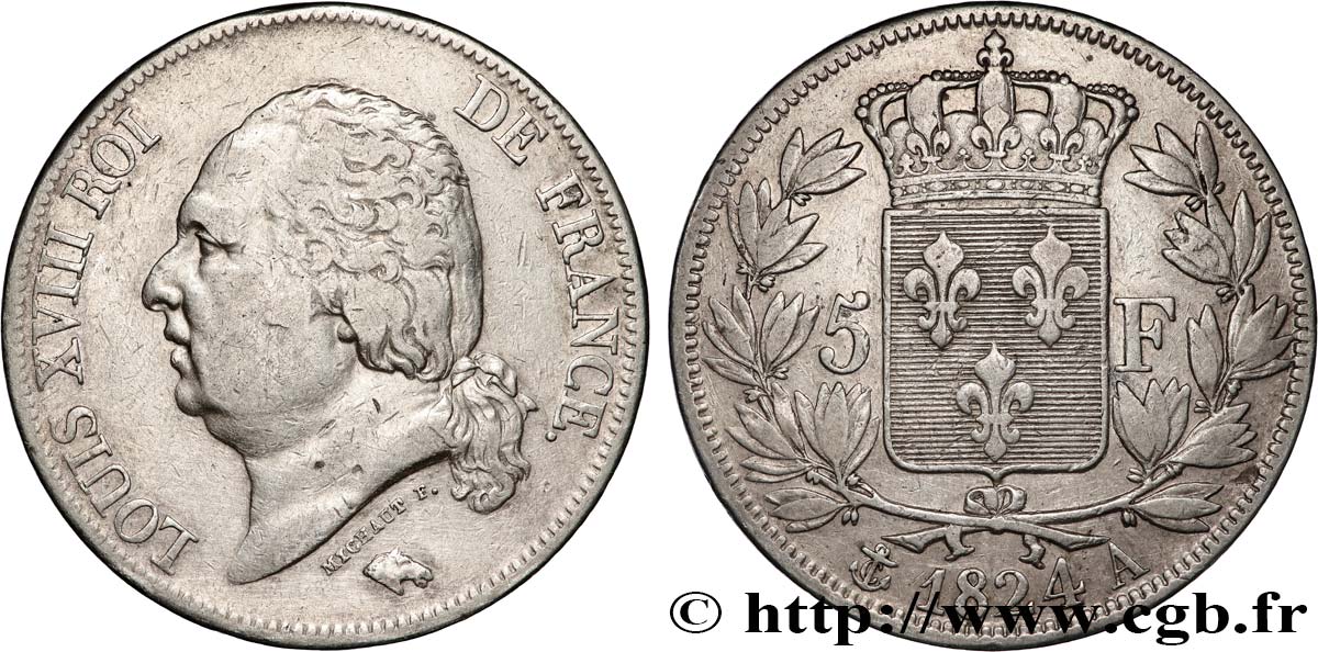 5 francs Louis XVIII, tête nue 1824 Paris F.309/88 TB+ 