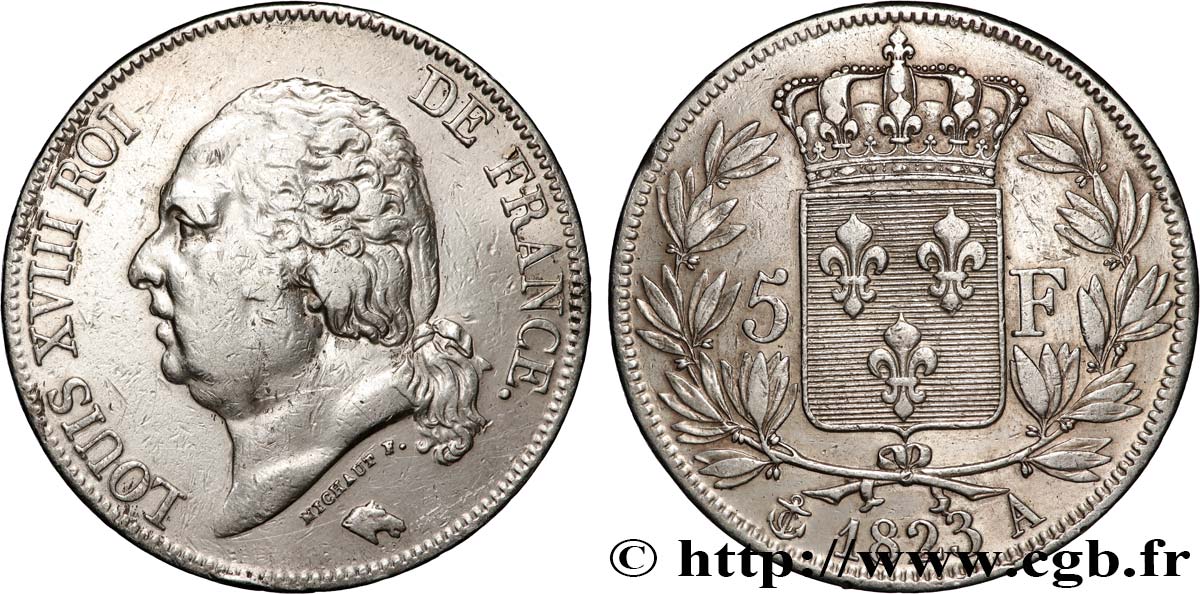 5 francs Louis XVIII, tête nue 1823 Paris F.309/76 TTB 