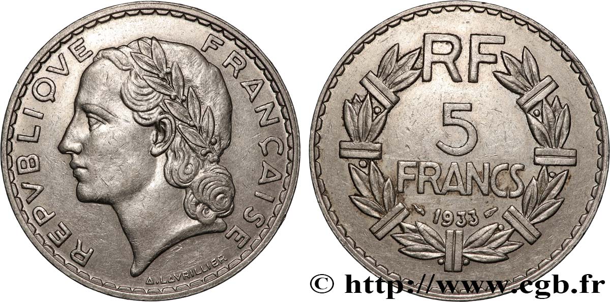 5 francs Lavrillier, nickel 1933  F.336/2 XF 