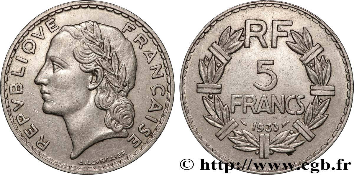 5 francs Lavrillier, nickel 1933  F.336/2 XF 