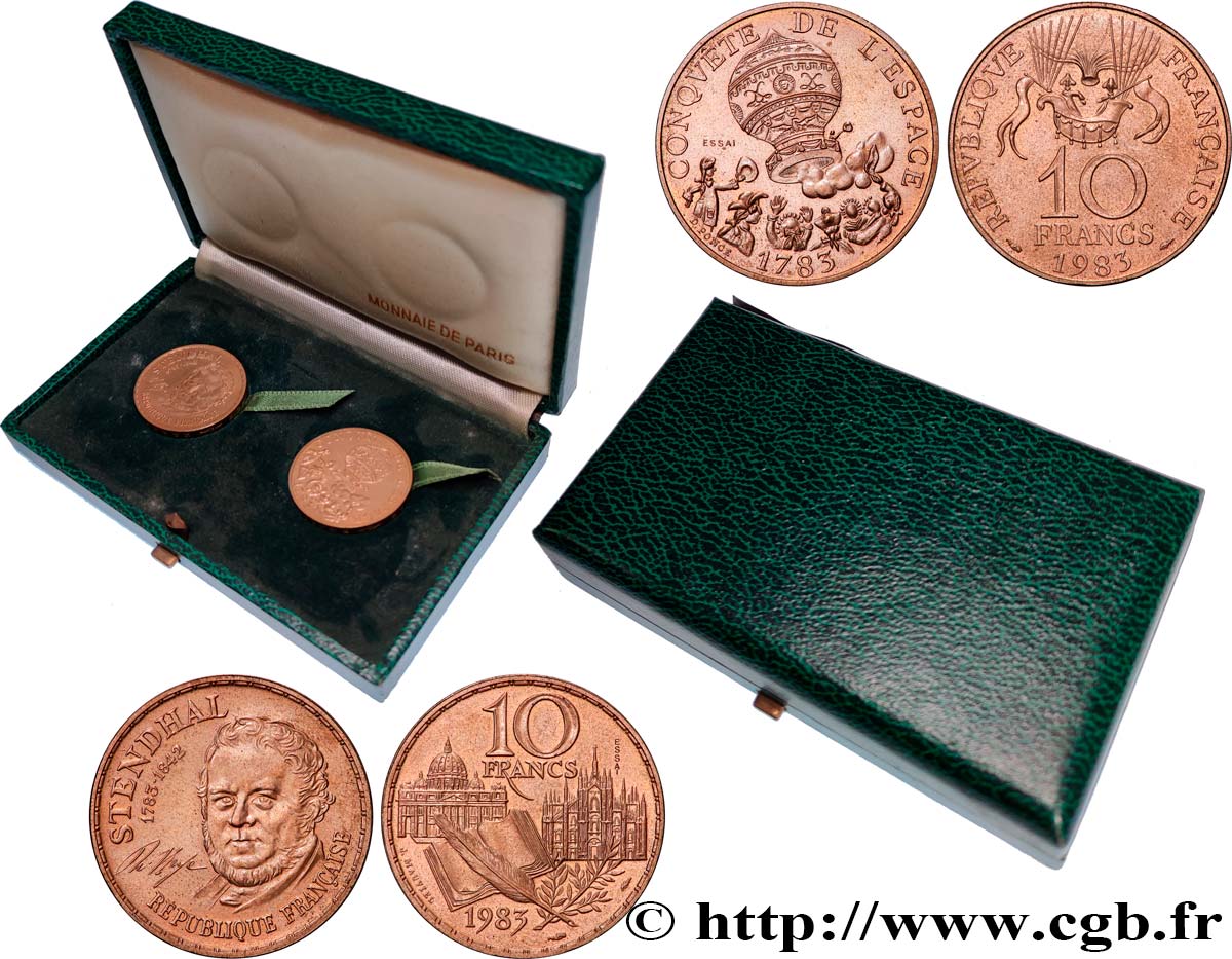 Coffret de 2 essais de 10 francs Conquête de l’Espace, Tranche B et Stendhal, Tranche A 1983 Pessac F.367/1 EBC+ 