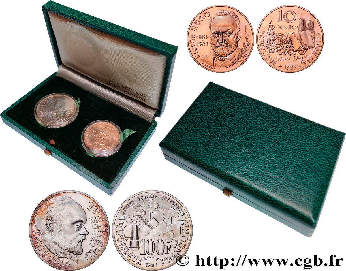 Coffret de 2 essais de 10 francs Victor Hugo, Tranche A et 100 Francs Émile Zola 1985 Pessac F.370/1 MS 