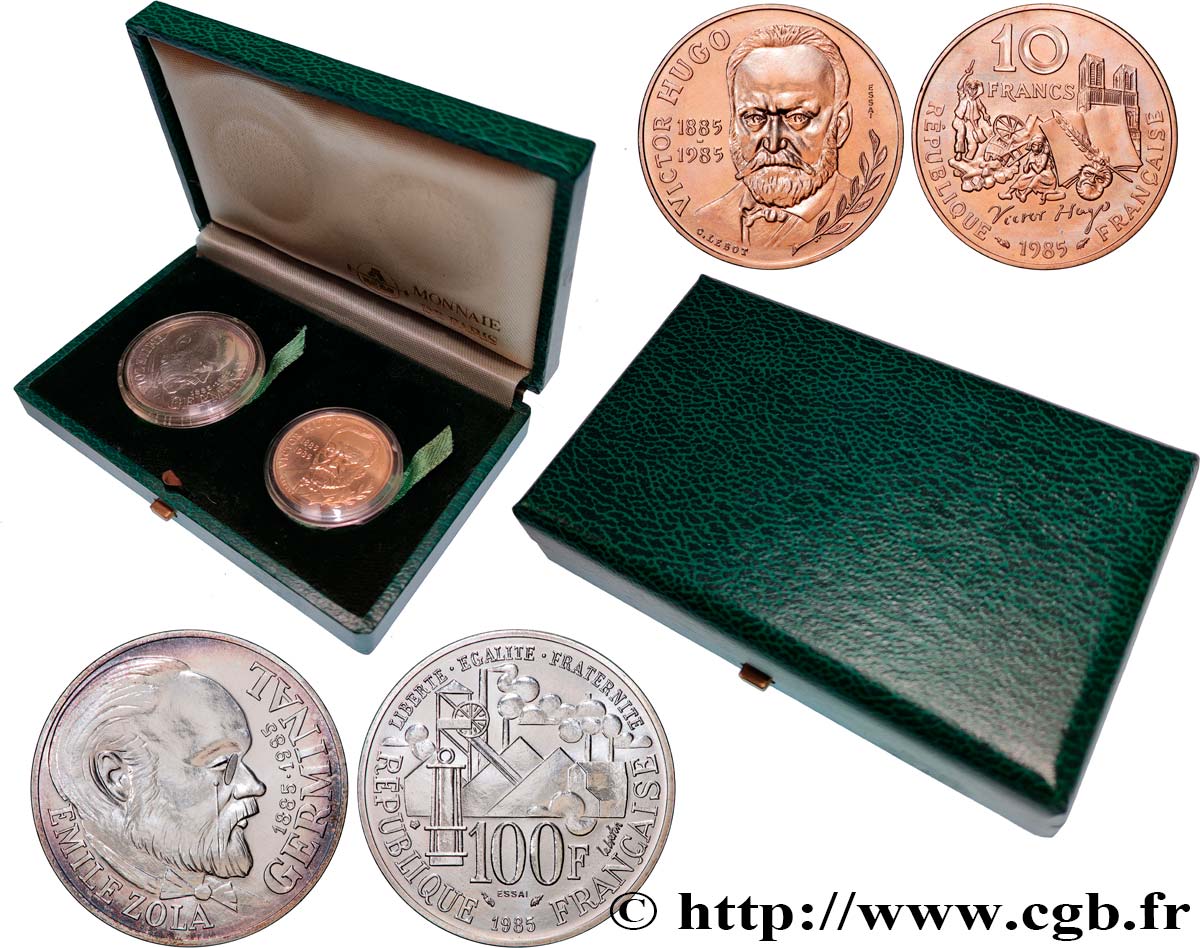 Coffret de 2 essais de 10 francs Victor Hugo, Tranche A et 100 Francs Émile Zola 1985 Pessac F.370/1 fST 