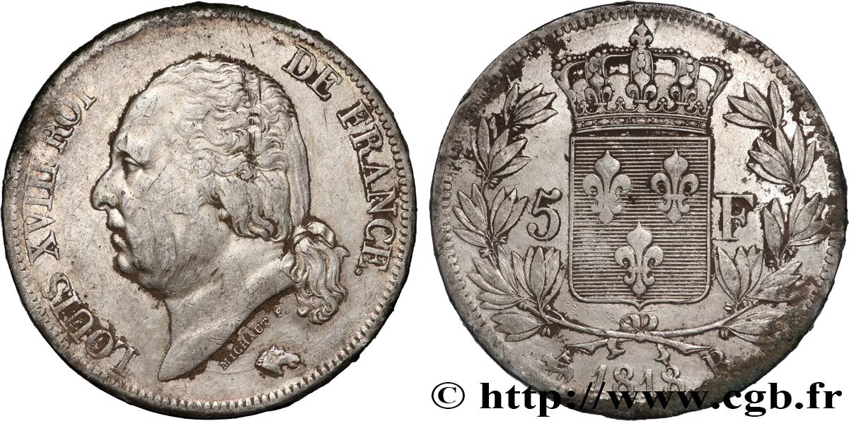 5 francs Louis XVIII, tête nue 1818 Rouen F.309/29 TB 