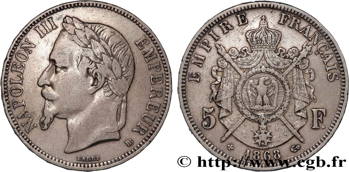 5 francs Napoléon III, tête laurée 1868 Strasbourg F.331/13 XF 