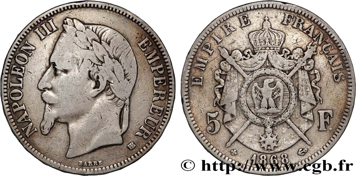 5 francs Napoléon III, tête laurée 1868 Strasbourg F.331/13 MB 