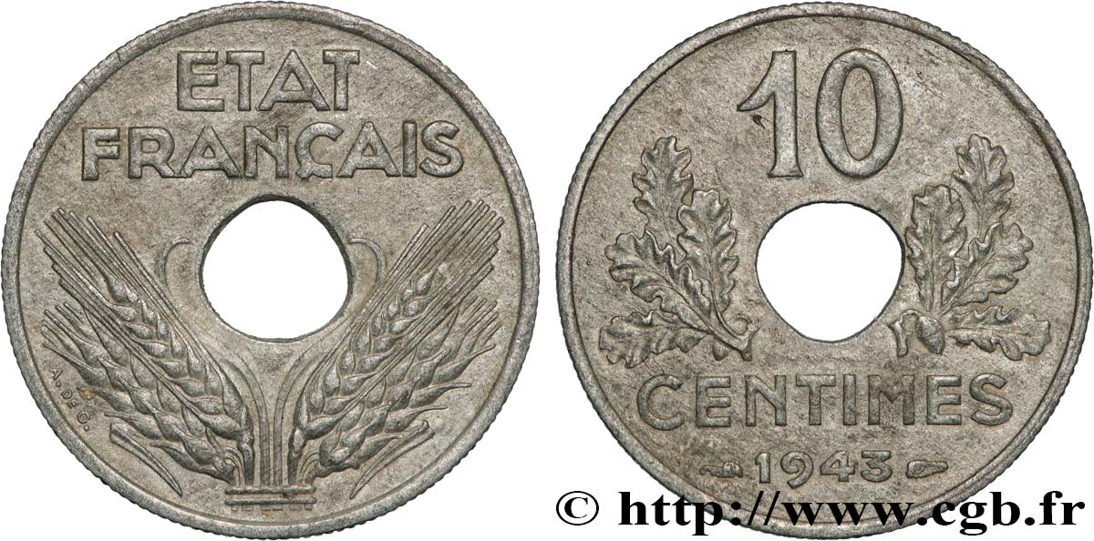 10 centimes État français, grand module 1943  F.141/5 TTB 