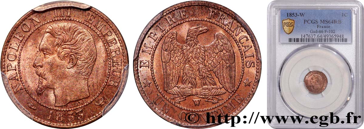 Un centime Napoléon III, tête nue 1853 Lille F.102/8 SC64 PCGS