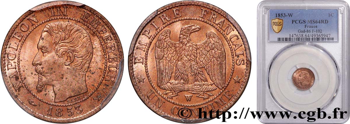 Un centime Napoléon III, tête nue 1853 Lille F.102/8 fST64 PCGS