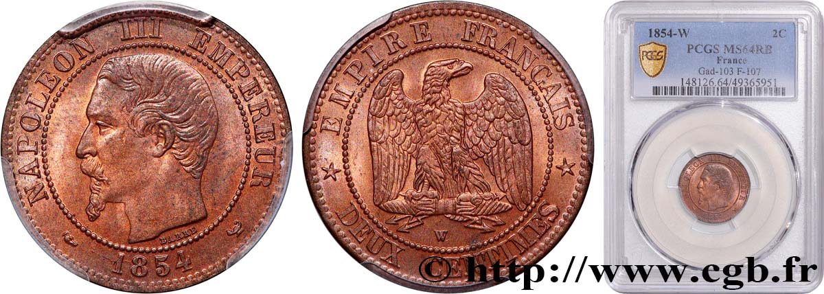 Deux centimes Napoléon III, tête nue 1854 Lille F.107/18 MS64 PCGS