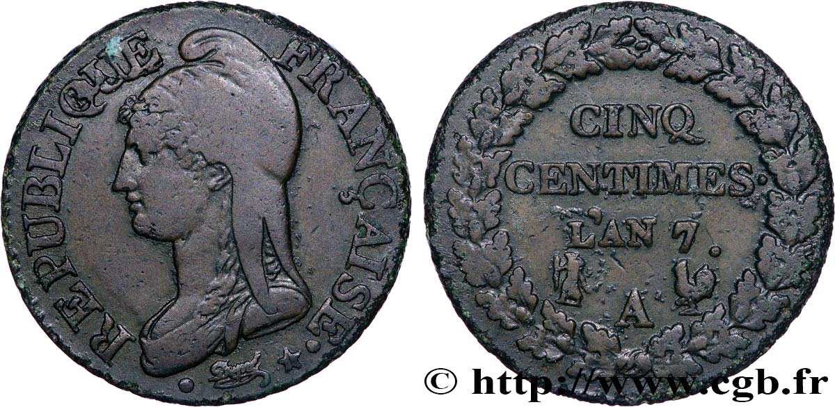 Cinq centimes Dupré, grand module 1799 Paris F.115/44 TTB 