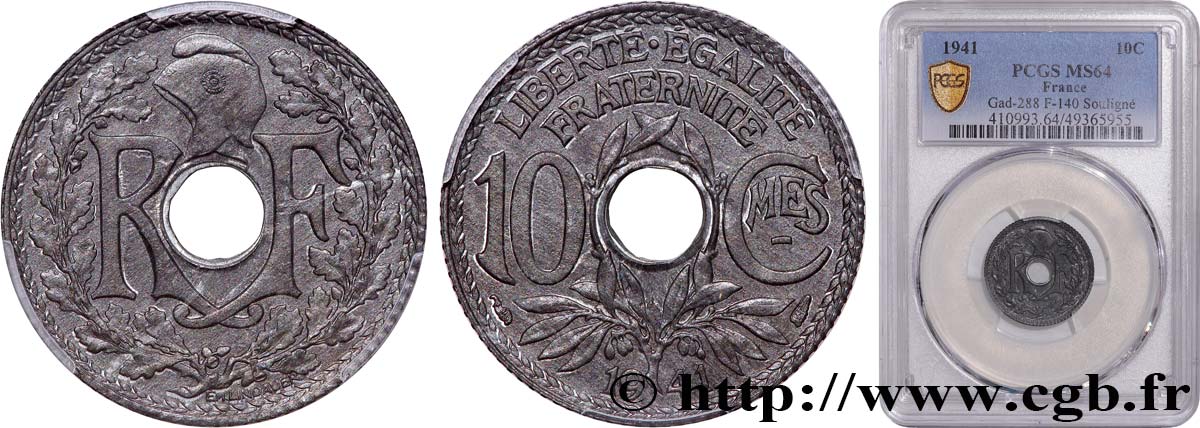 10 centimes Lindauer en zinc, Cmes souligné et millésime sans points 1941  F.140/1 SC64 PCGS