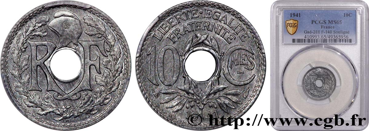 10 centimes Lindauer en zinc, Cmes souligné et millésime sans points 1941  F.140/1 MS65 PCGS