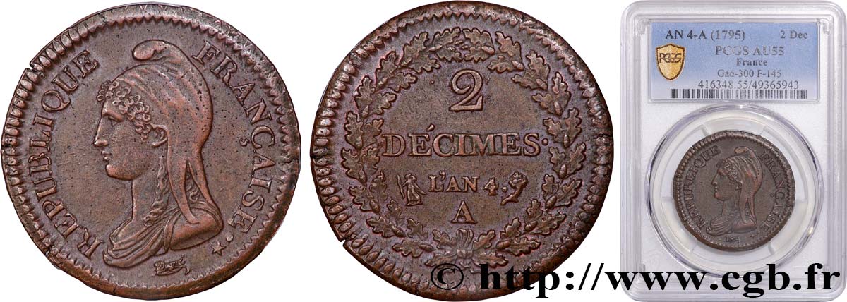 2 décimes Dupré 1796 Paris F.145/1 SUP55 PCGS