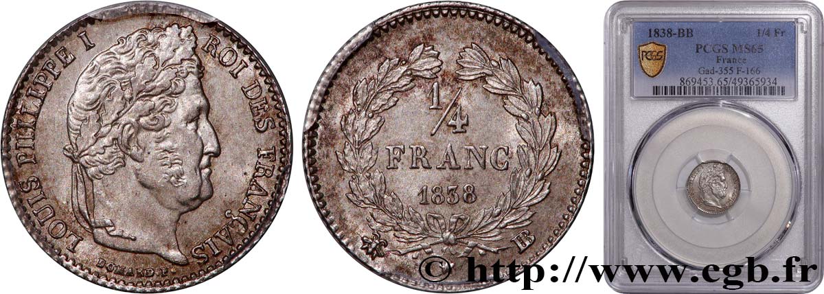 1/4 franc Louis-Philippe 1838 Strasbourg F.166/71 FDC65 PCGS