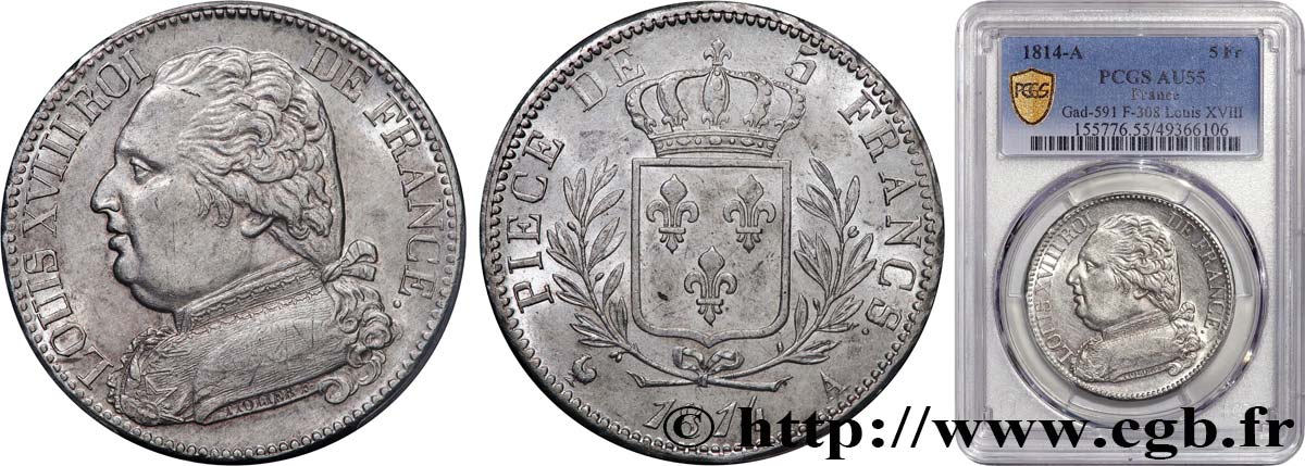 5 francs Louis XVIII, buste habillé 1814 Paris F.308/1 VZ55 PCGS