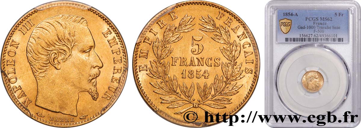 5 francs or Napoléon III, tête nue, petit module, tranche lisse 1854 Paris F.500/1 EBC62 PCGS