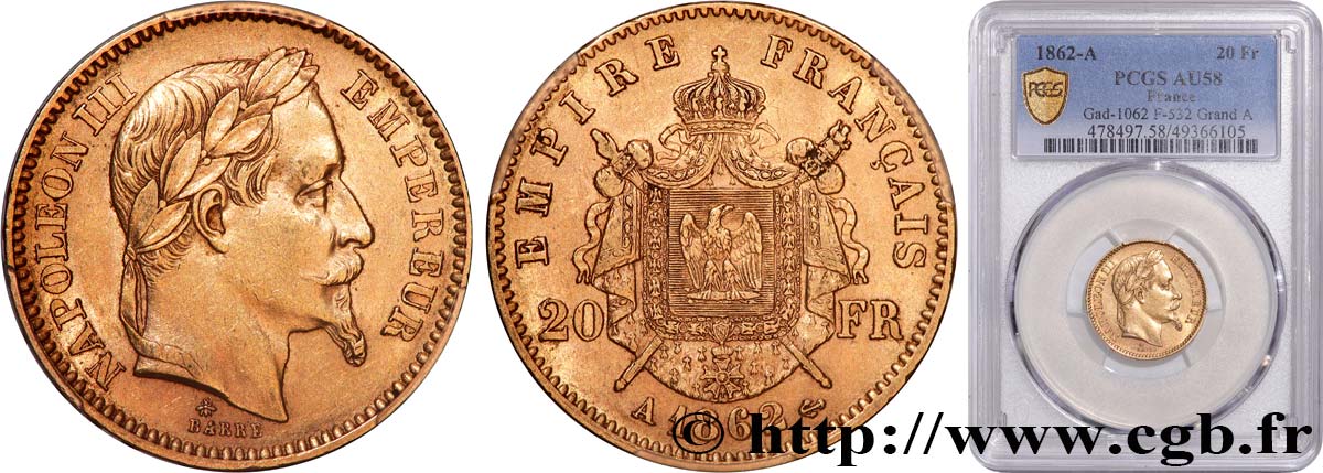 20 francs or Napoléon III, tête laurée, grand A 1862 Paris F.532/4 VZ58 PCGS