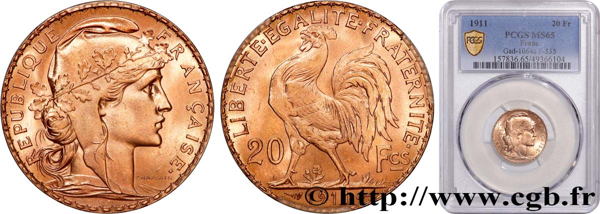 20 francs or Coq, Liberté Égalité Fraternité 1911 Paris F.535/5 MS65 PCGS